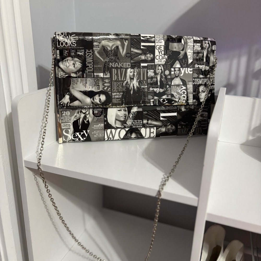 Magazine Collage Chain Clutch Bag - Black and White Fashion Print